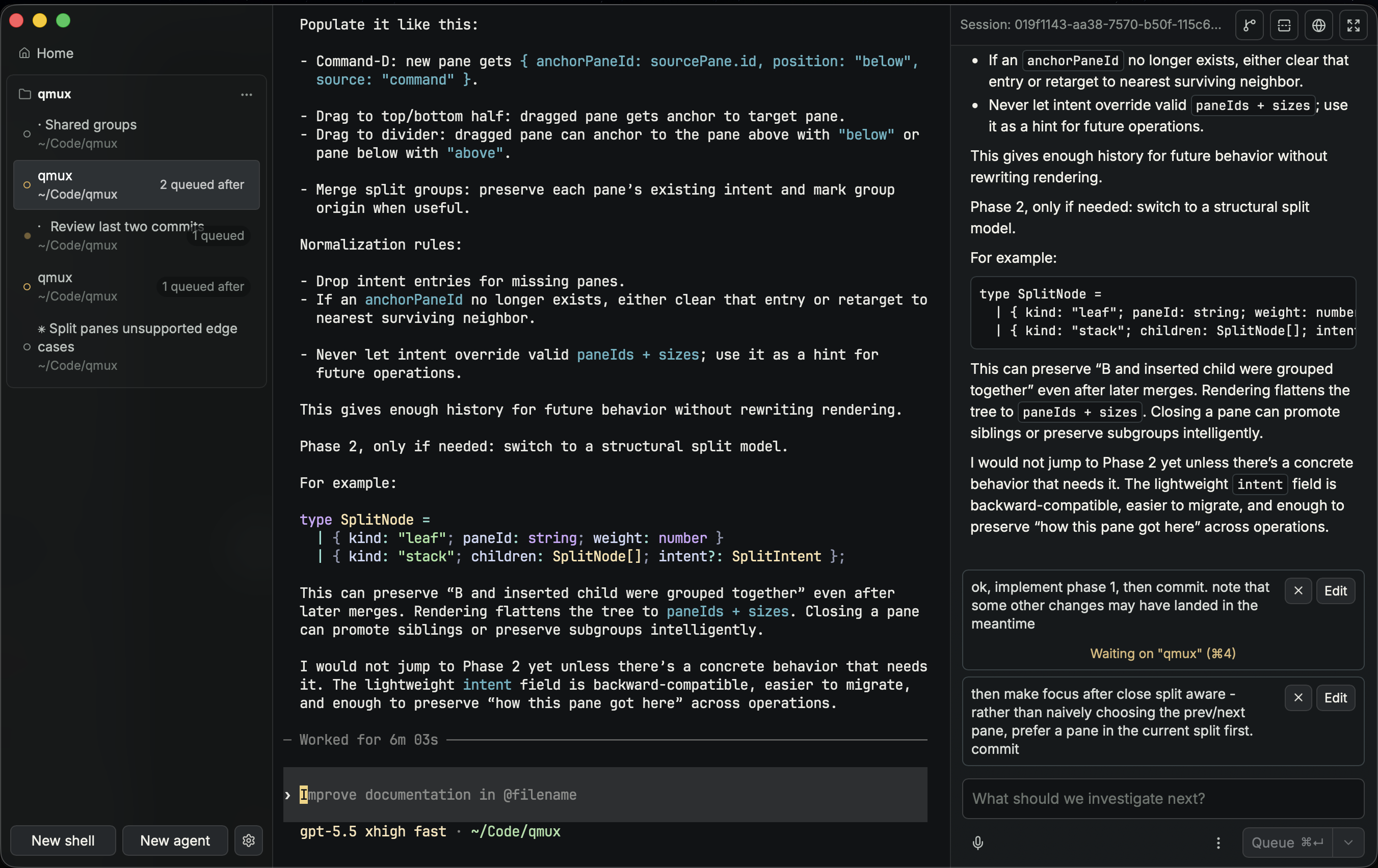 qmux running multiple coding agents with vertical tabs, a transcript sidebar, and a terminal pane